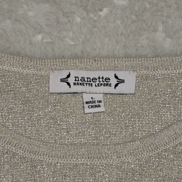 Nanette Lepore Women’s Large Shimmer Knit Sweater Metallic Pleated Sleeve Jewels - Picture 3 of 5